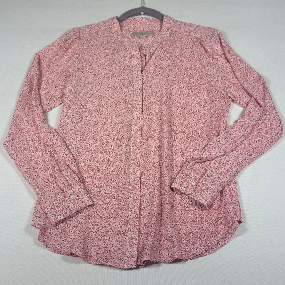 LOFT Floral Band Collar Blouse Small Pink Coral stars Long Sleeve Button Front‎